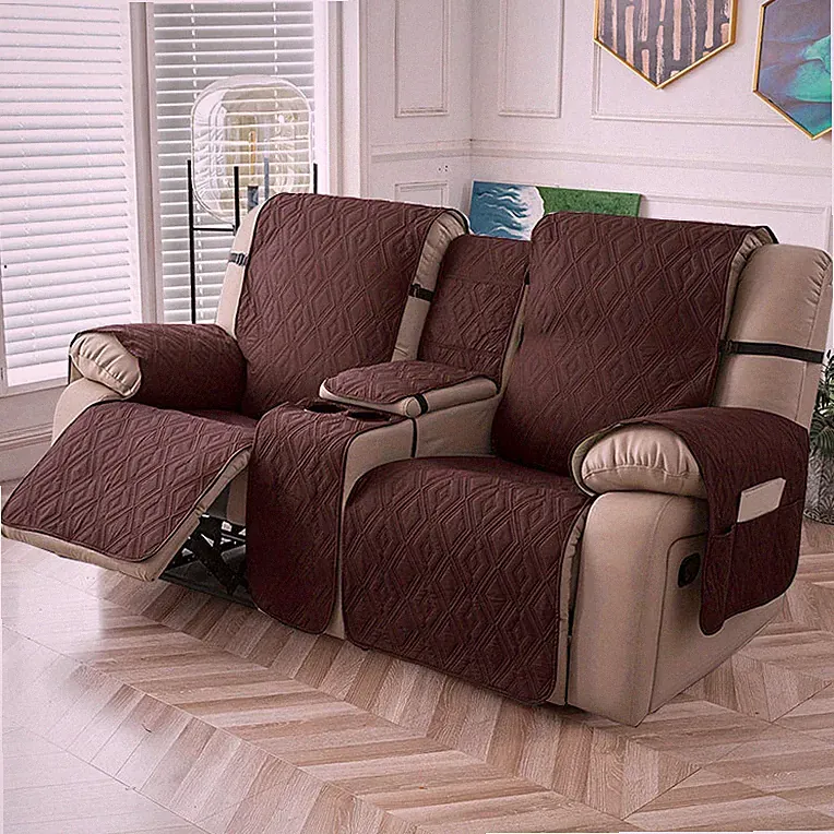 100% waterproof recliner cover double with center console, strap design