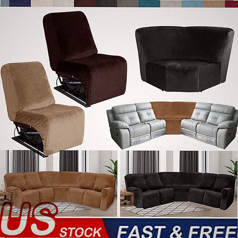 5 Seat Recliner Covers Velvet Stretch Curved L-Shaped Sofa Sectional Slipcovers