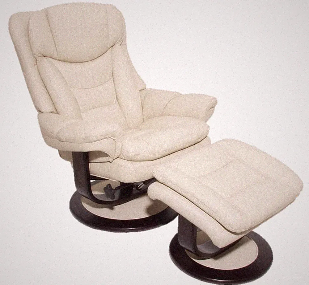 Barcalounger Roscoe Frampton Ivory Leather Pedestal Recliner Chair + Ottoman