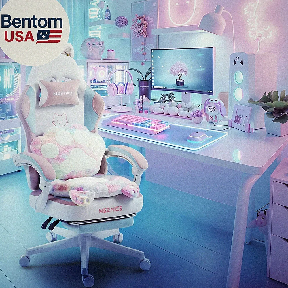 Gaming Chair Cute with Cat Ears Paw Lumbar and Cushion,Ergonomic Computer Chair