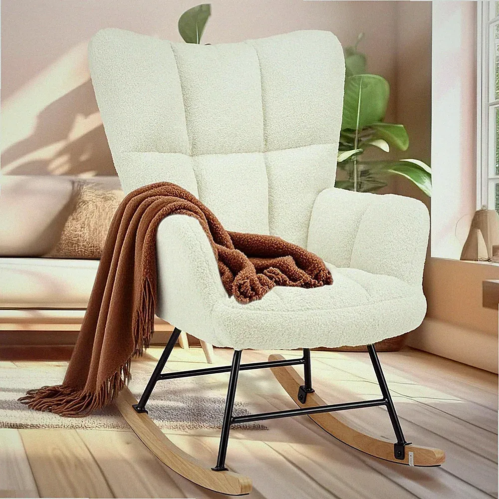 Rocking Chair Nursery Upholstered Glider Rocker with High Backrest Dark White Ne