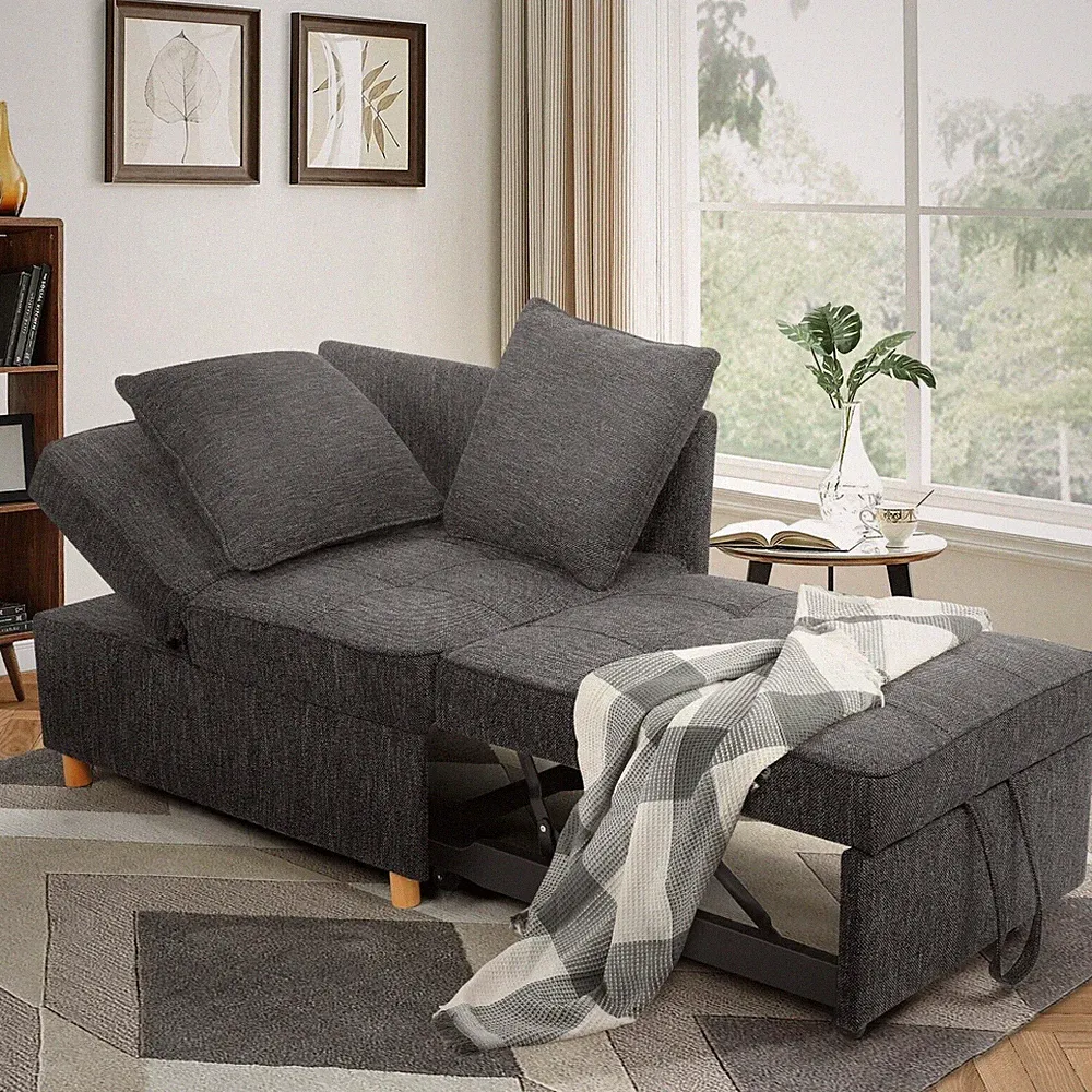 Sofa Bed Chair 4-in-1 Convertible Chair Bed 3-Seat Linen Sofa w/2 Throw Pillows